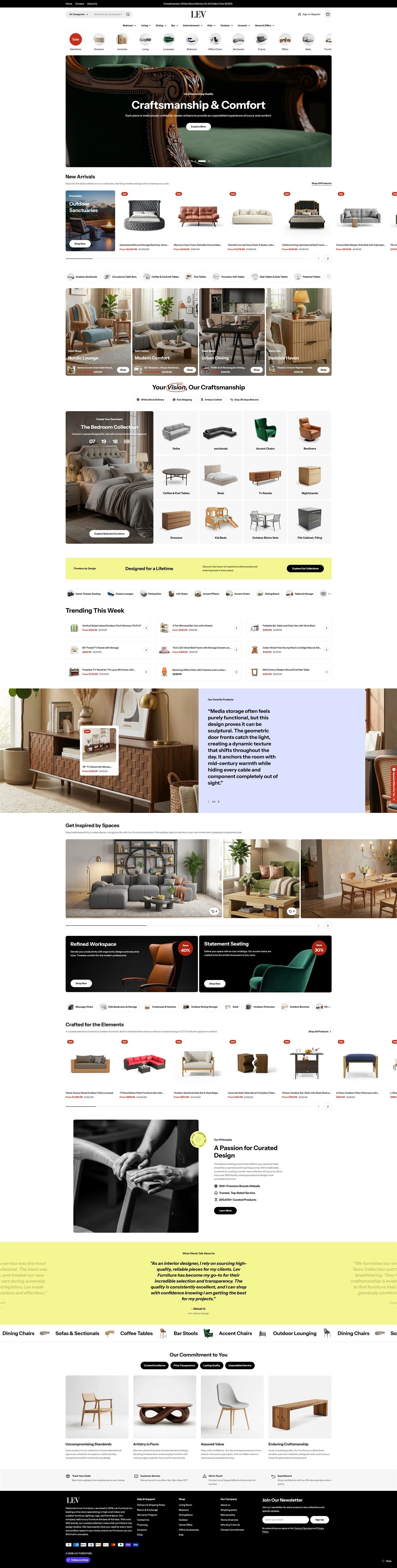 Lev Furniture homepage, a luxury home and outdoor furniture e-commerce site