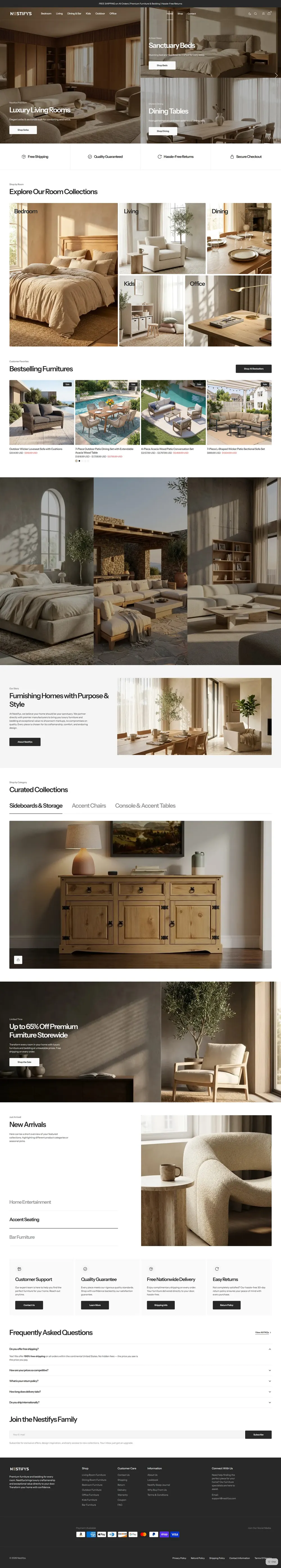 Nestifys homepage, a premium furniture and bedding e-commerce site