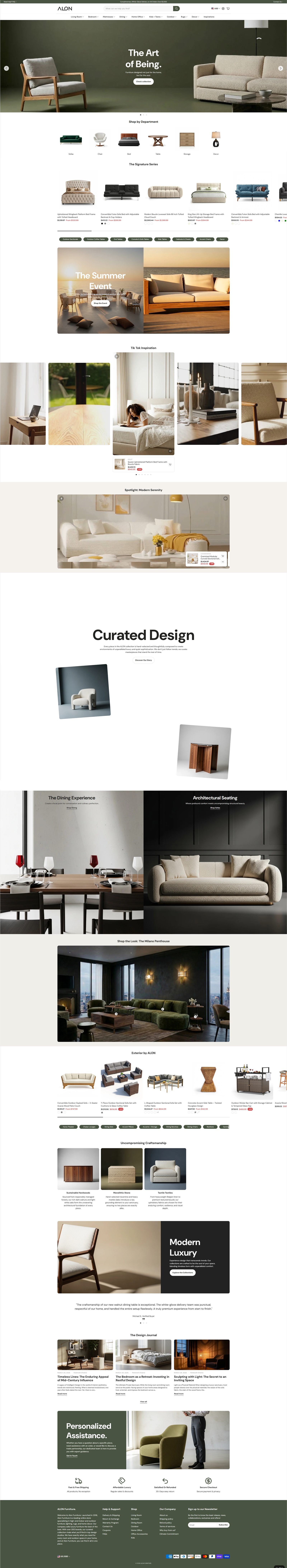 Alon Furniture homepage, a luxury modern furniture e-commerce site