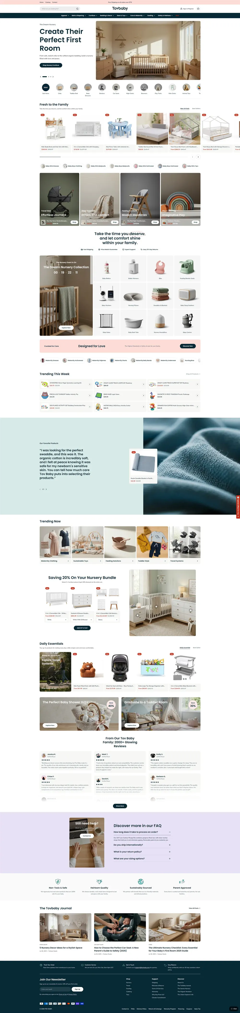 TovBaby homepage, a premium baby gear and nursery furniture e-commerce site